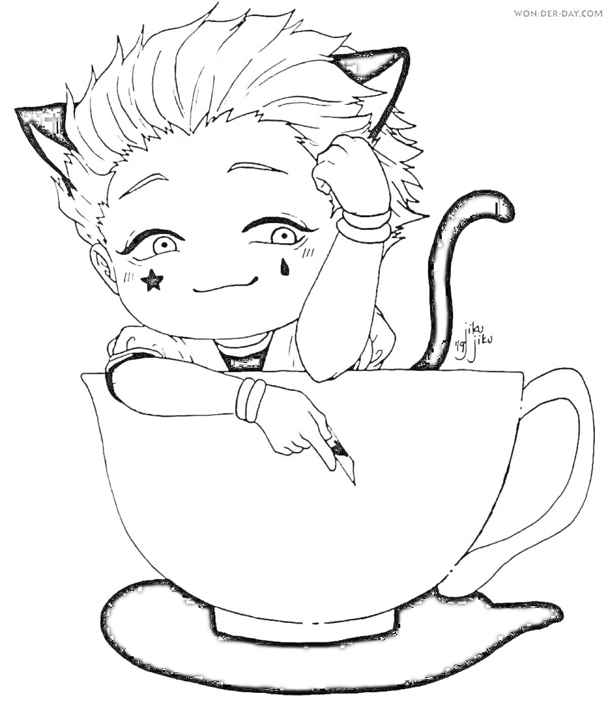 Раскраска Ребенок-кавай в кошачьих ушках в большой чашке с котом-силуэтом на заднем плане