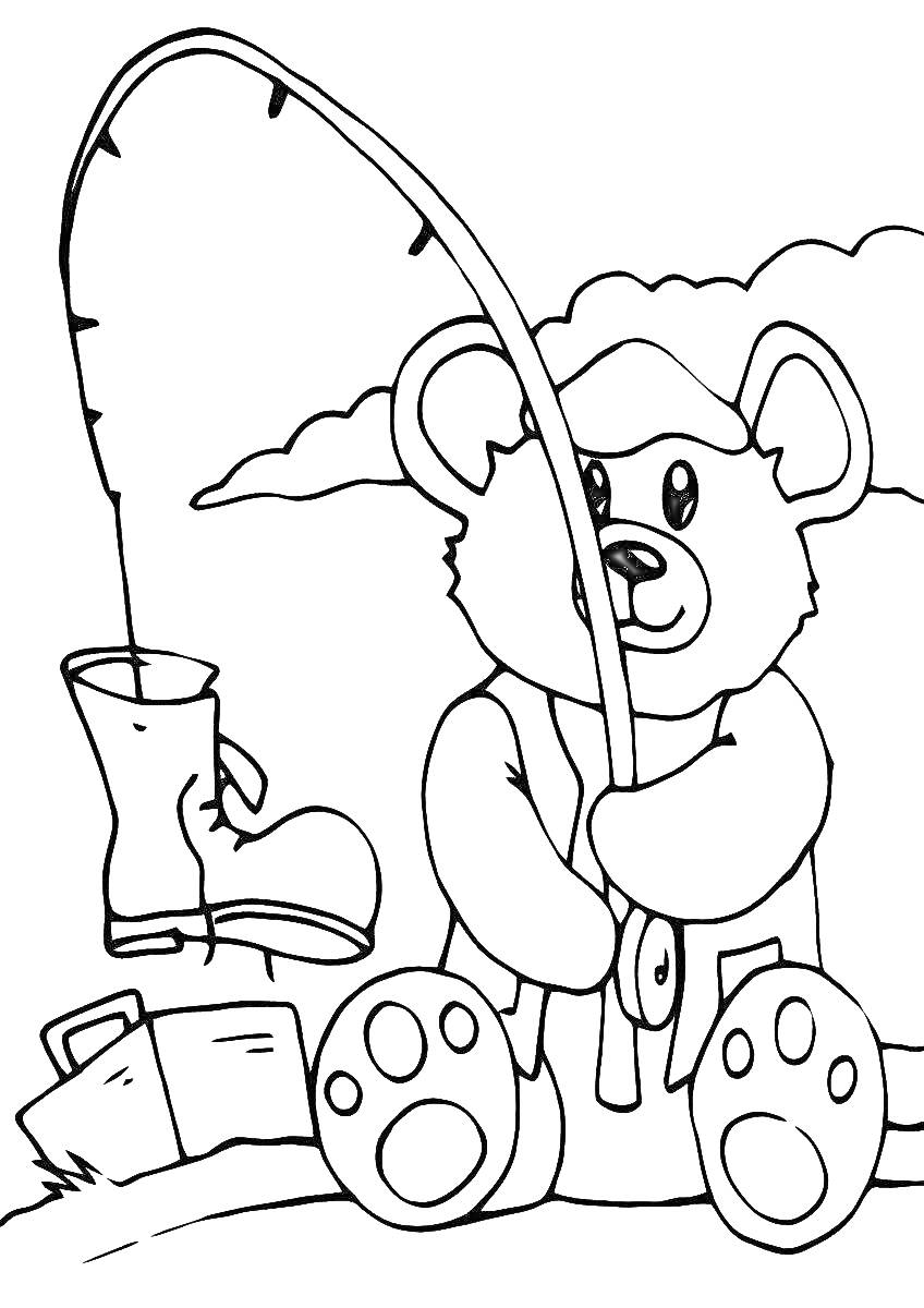 Раскраска Медведь с удочкой и пойманным сапогом на берегу реки