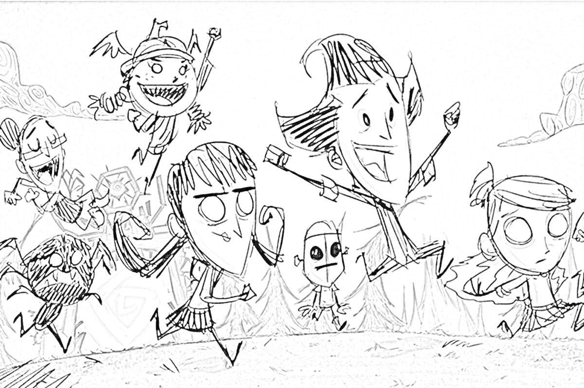 Раскраска Герои Don't Starve в лесу, бегущие и играющие