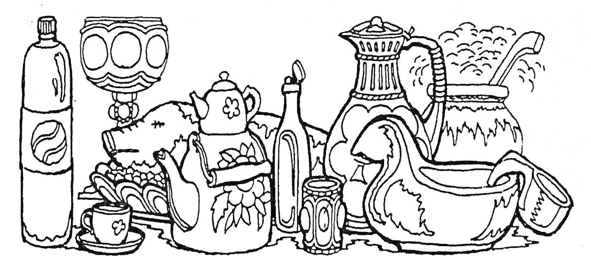 Раскраска Пир в теремных палатах с посудой и напитками: бутылка, бокал, чайная чашка, чайник, жареный поросенок, бутылка с узким горлышком, солонка, кувшин, миска, шумовка в котле, кувшин с узором.