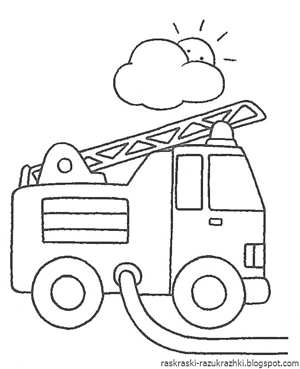 На раскраске изображено: Пожарная машина, Лестница, Шланг, Солнце, Транспорт, Облака