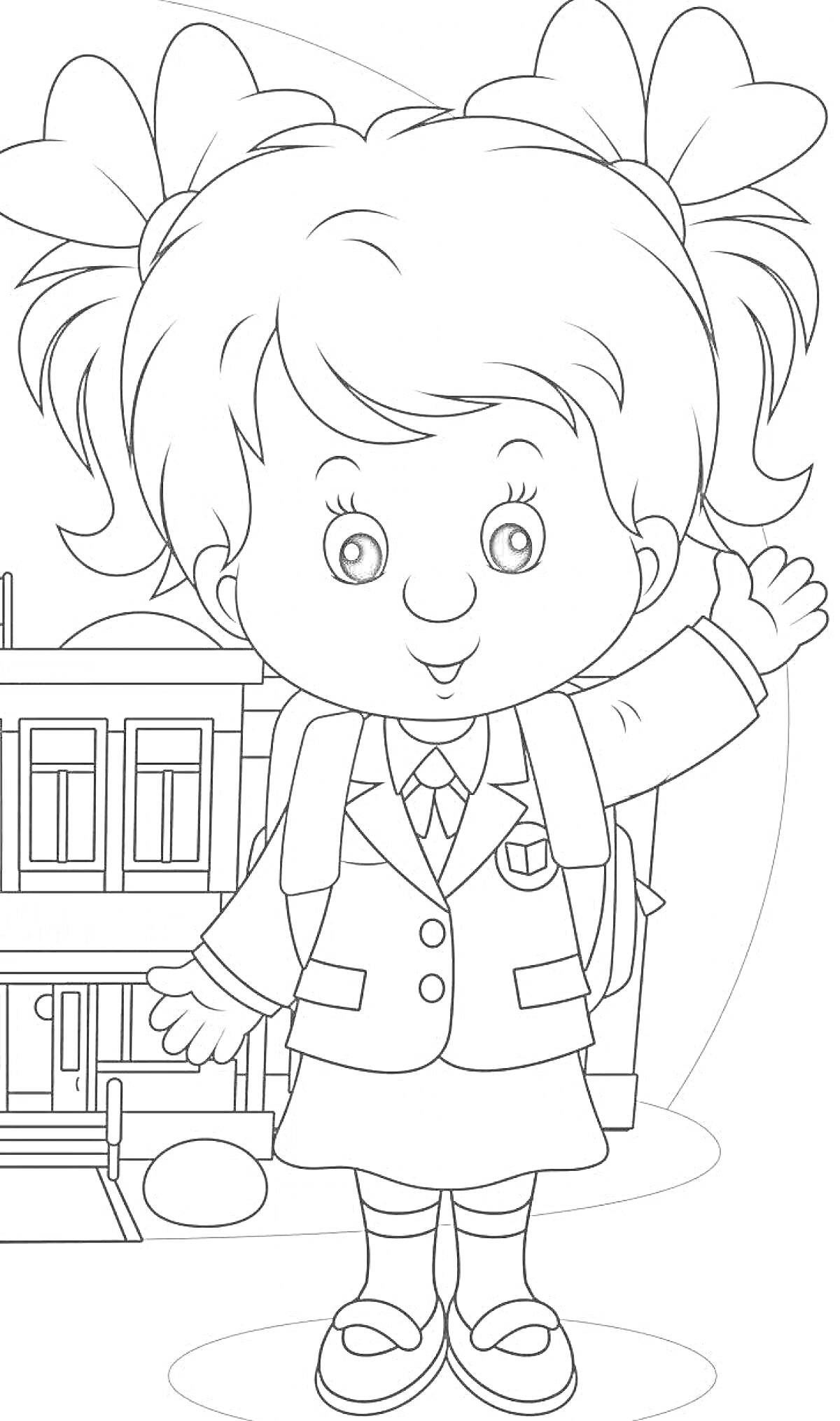 Раскраска Школьница с рюкзаком у школы