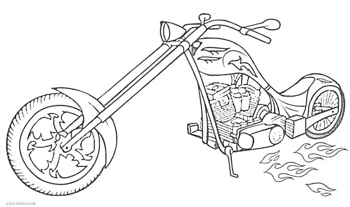 Раскраска мотоцикл хот вилс с пламенем, длинной вилкой, выхлопными трубами и огненным узором на кузове