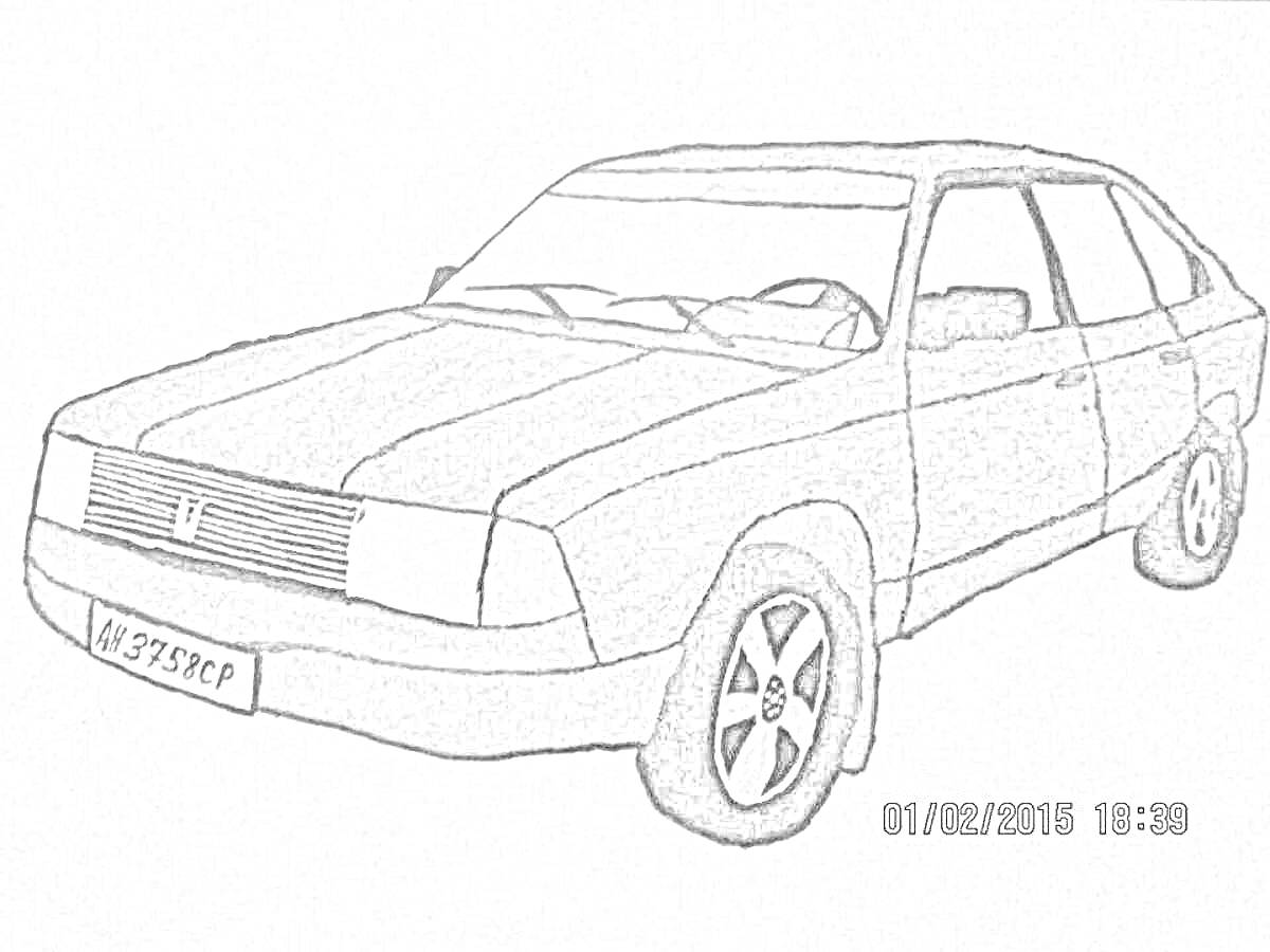 Раскраска Москвич 2141 с номерным знаком, рисунок с передними фарами, лобовым стеклом, боковыми окнами и колесами