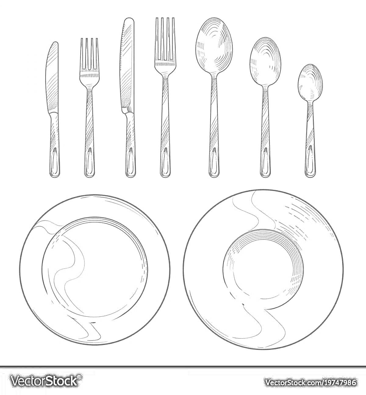 На раскраске изображено: Нож, Вилка, Ложка, Чайная ложка, Тарелка, Столовые приборы, Посуда