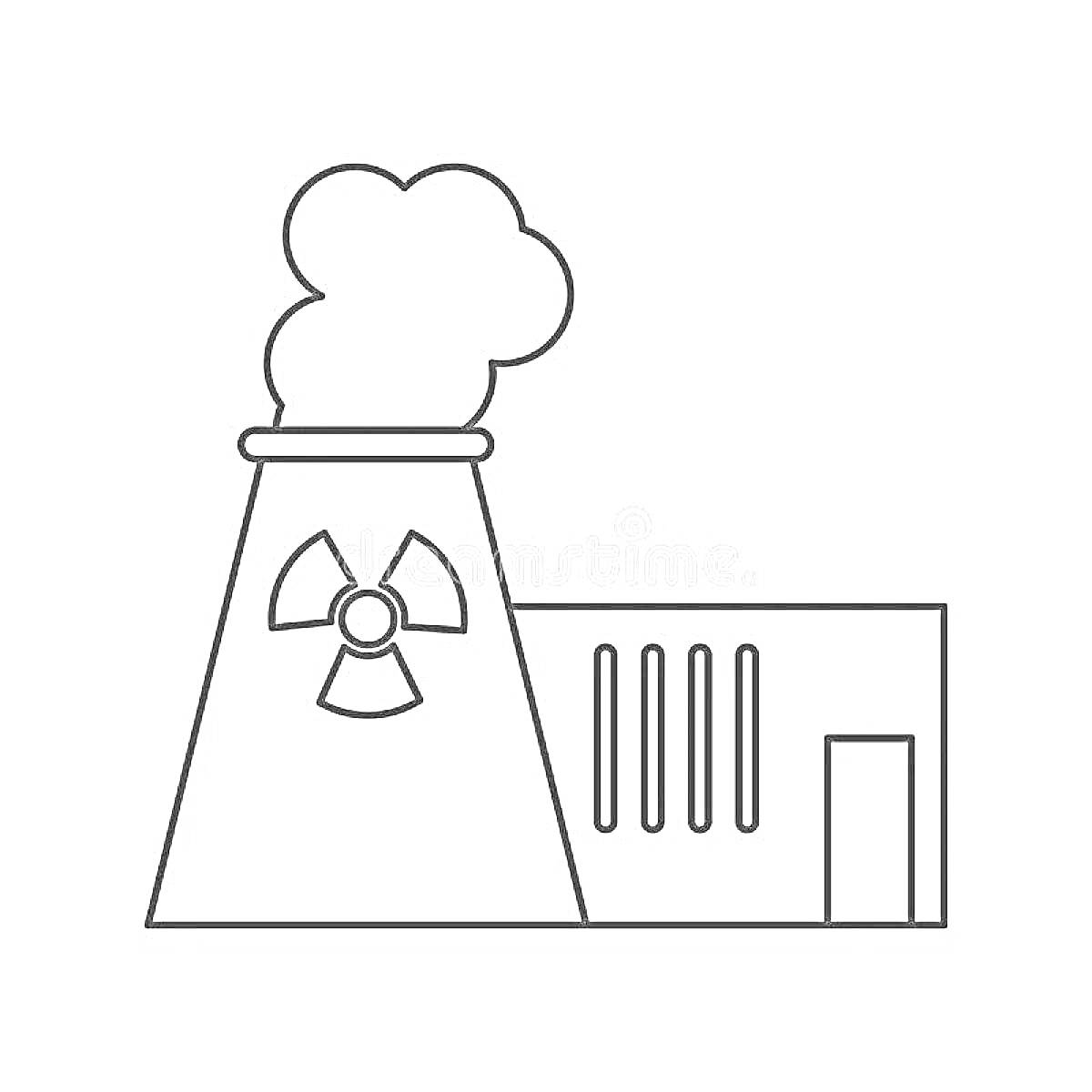 Раскраска Электростанция с охлаждающей башней, дымом и радиационным знаком