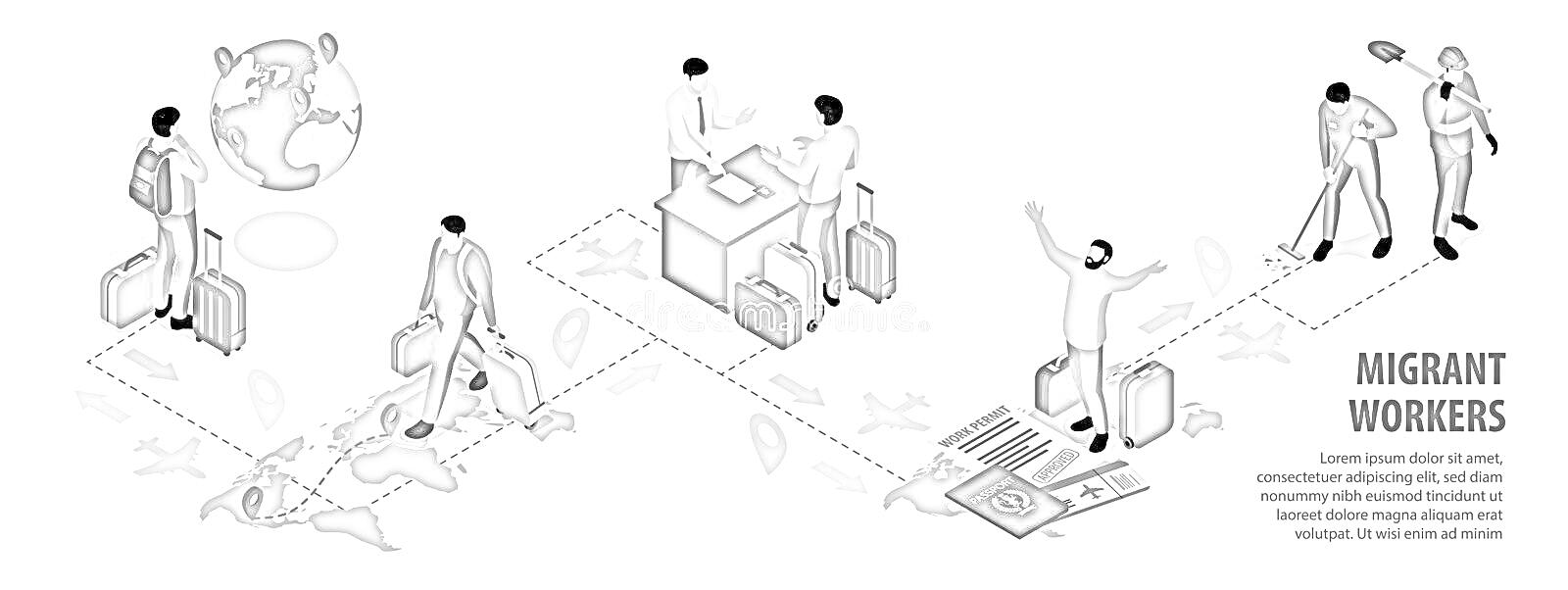 Раскраска мигранты-работники: глобус, мужская фигура с чемоданом, глазающие на документы, стойка с работниками, паспорт, чемоданы, самолет