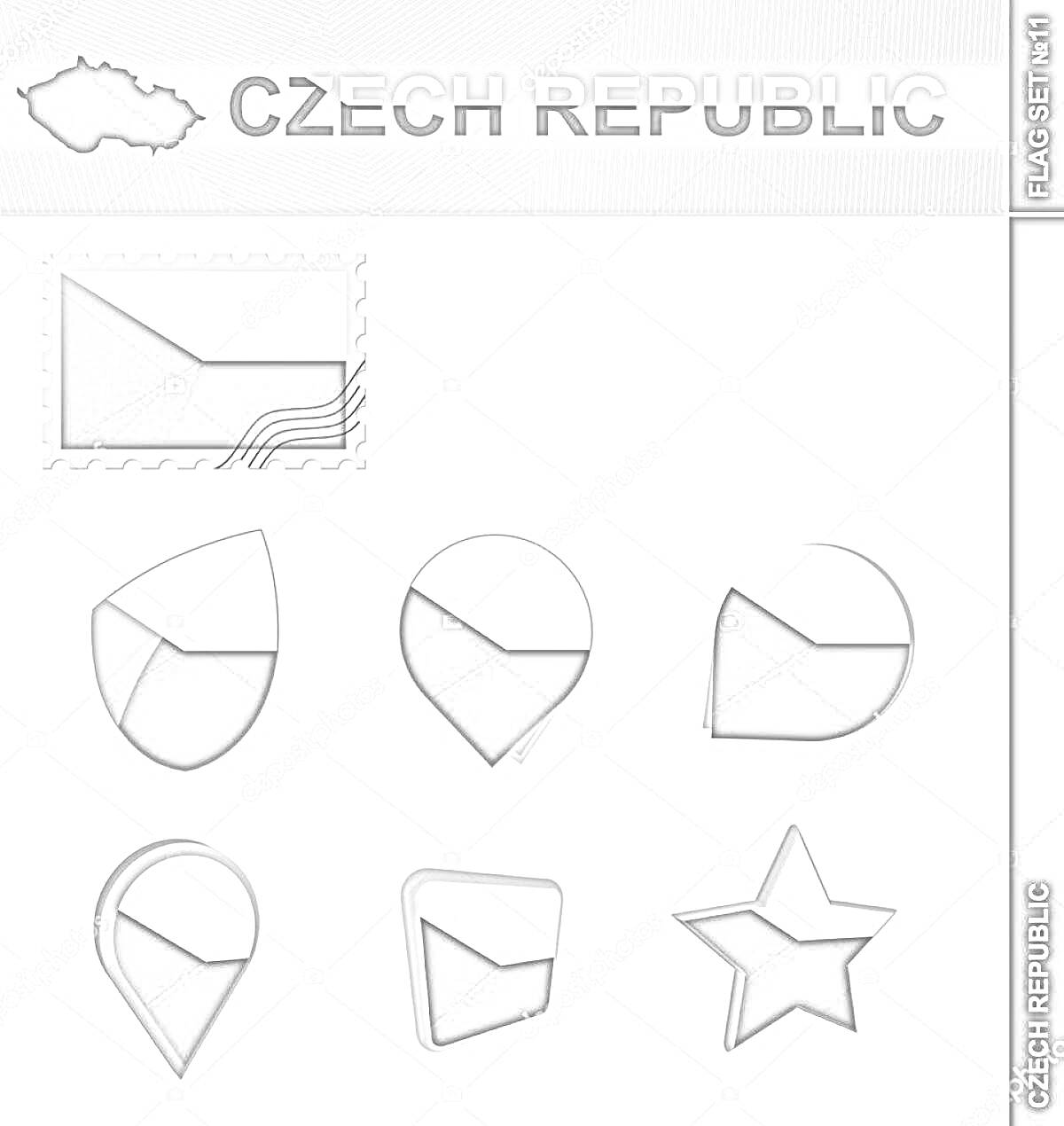 Раскраска Элементы флага Чехии в виде почтовой марки и различных геометрических фигур (овал, круг, пятиугольник, капля, капля с кругом, прямоугольник, звезда)