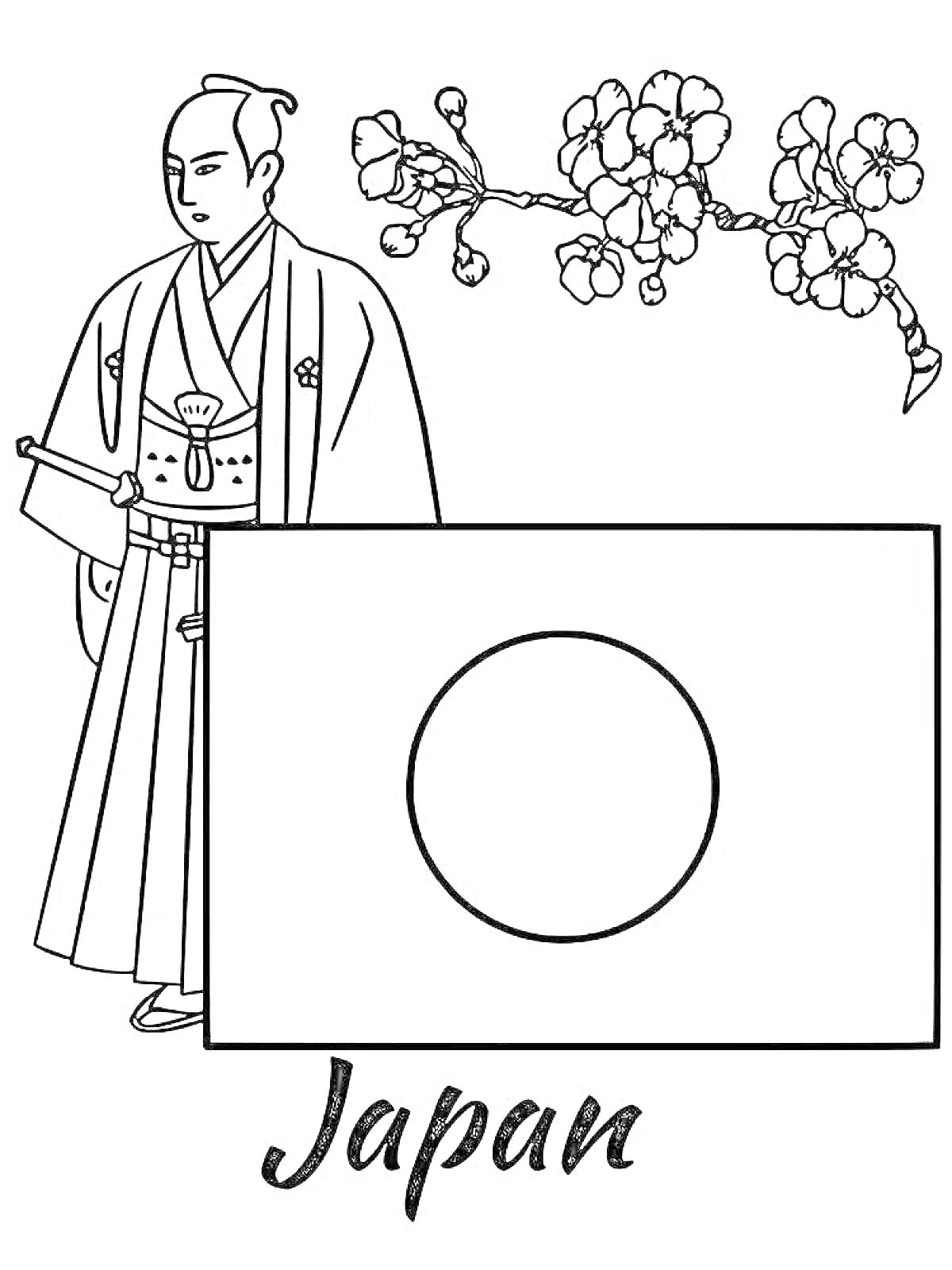 На раскраске изображено: Самурай, Сакура, Япония, Азиатская культура, Традиционная одежда, Флаг