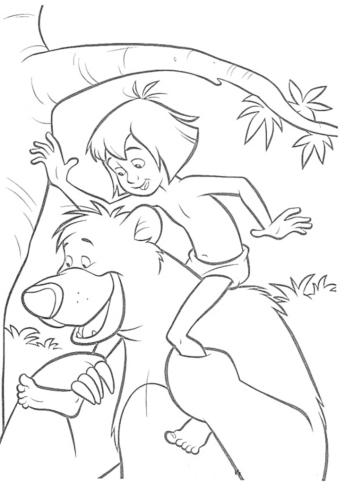 На раскраске изображено: Книга джунглей, Медведь, Мальчик, Лес, Приключения, Деревья