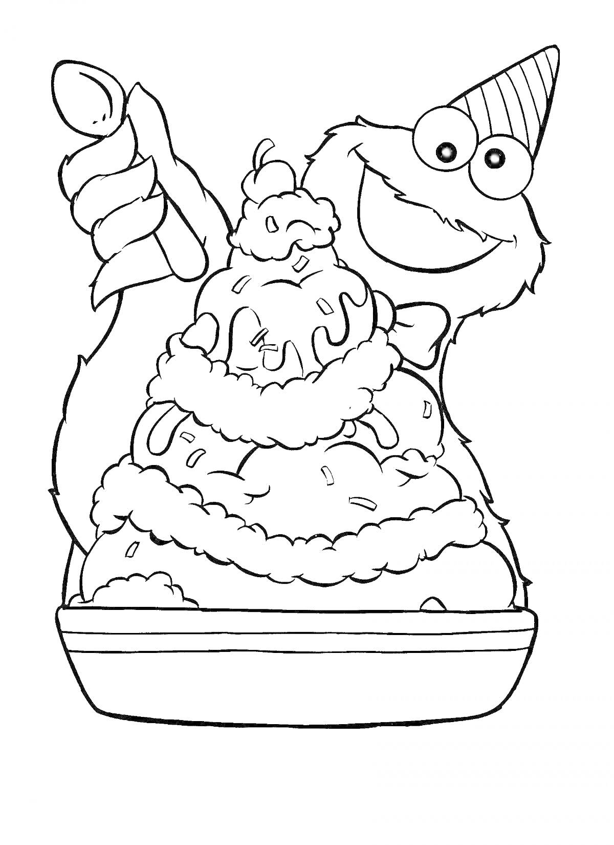 Раскраска Мороженщик с шапочкой и мороженым в вазочке