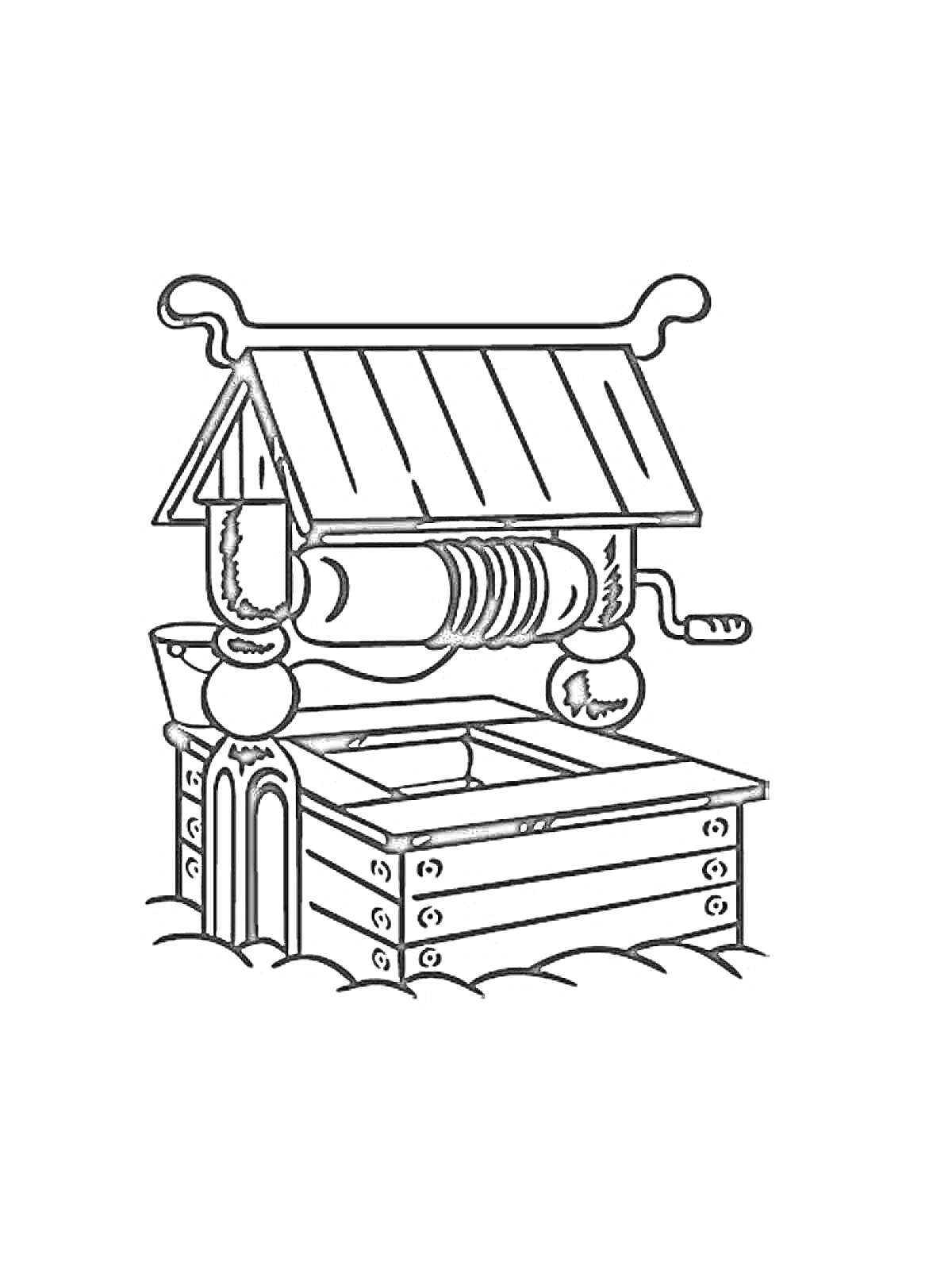 Раскраска Колодец с крышей, ручкой для подъема ведра и деревянной основой