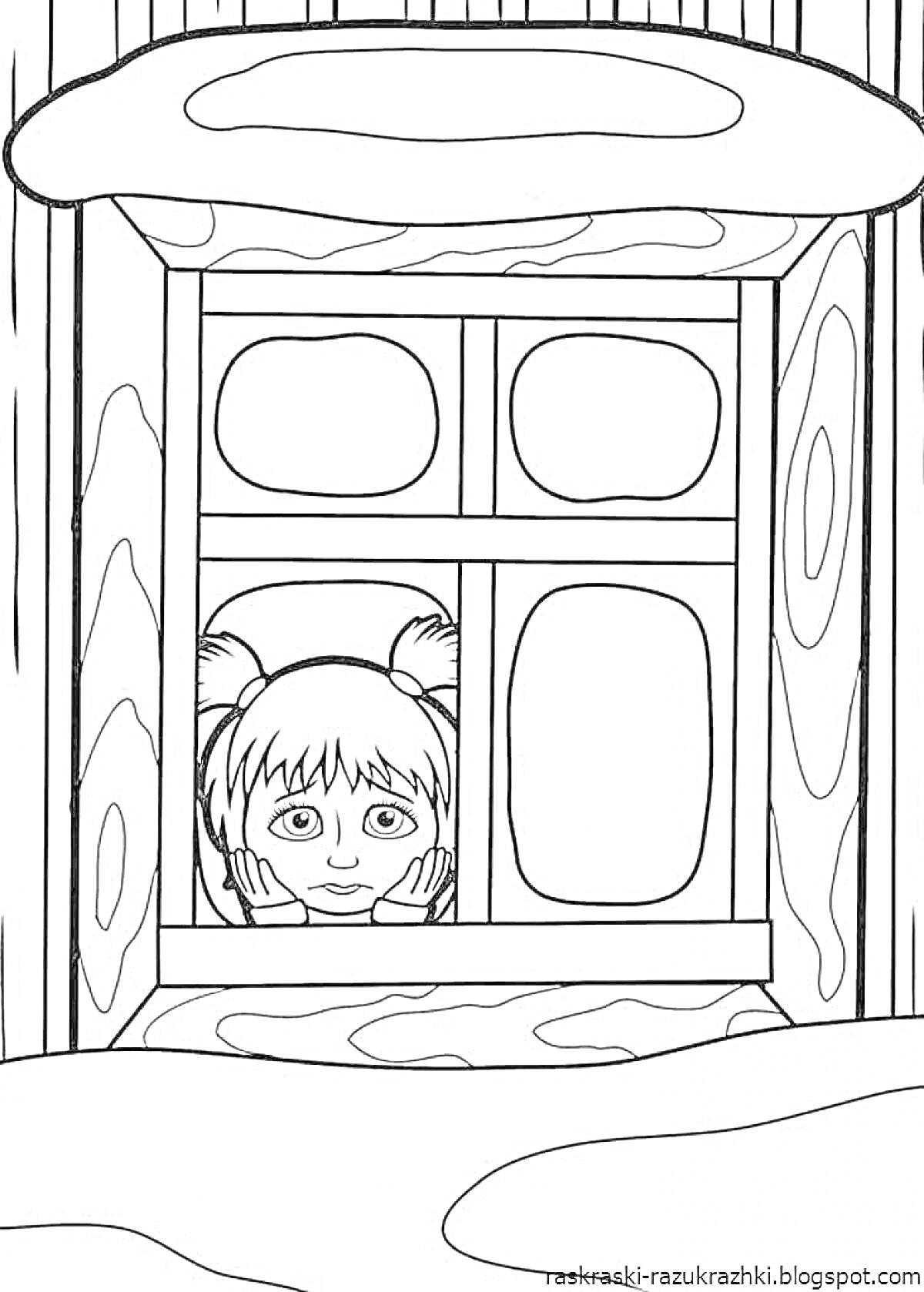Раскраска Девочка с хвостиками смотрит в окно деревянного дома зимой