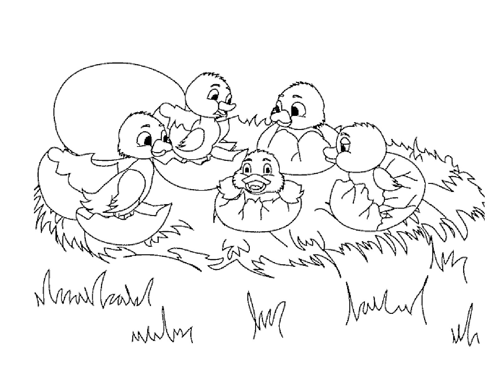 Раскраска Утята и вылупляющийся утенок на гнезде из травы