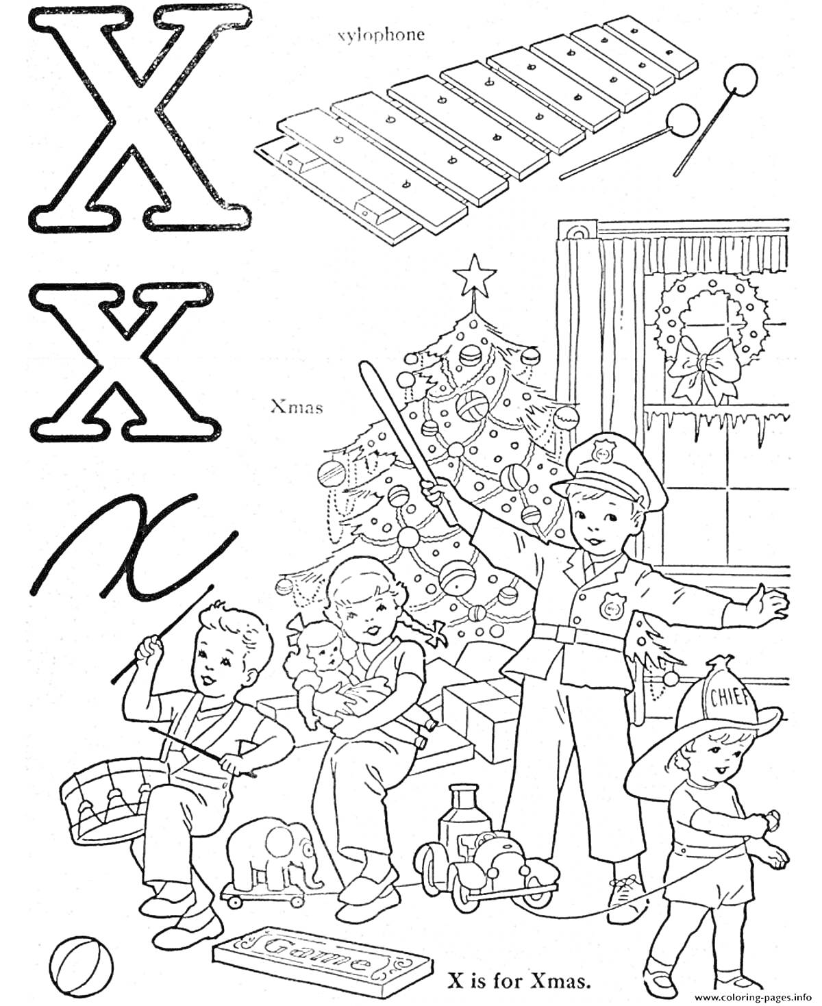 Раскраска Раскраска с буквой X: ксилофон, рождественская елка, дети, подарки, игрушечные поезда, пожарный, полицейский
