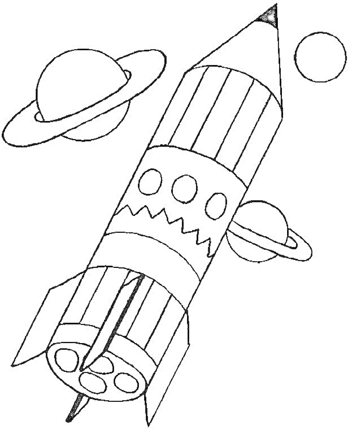 На раскраске изображено: Ракета, Космос, Планеты, Звезды, Астронавтика, Фантастика