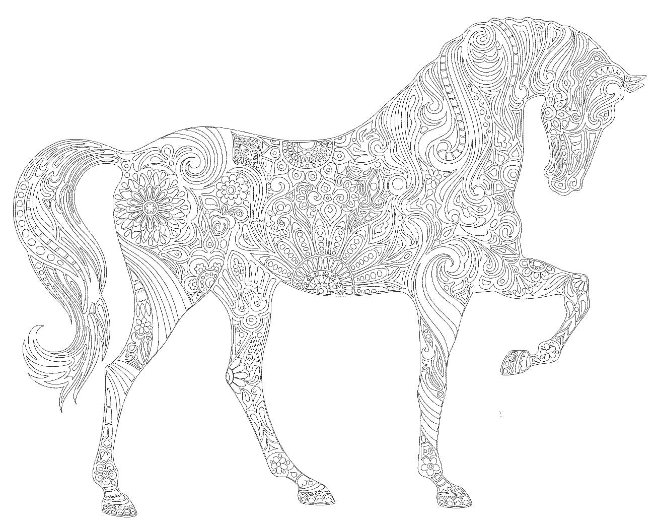 Раскраска Лошадь антистресс с узорами, включая цветы и абстрактные элементы