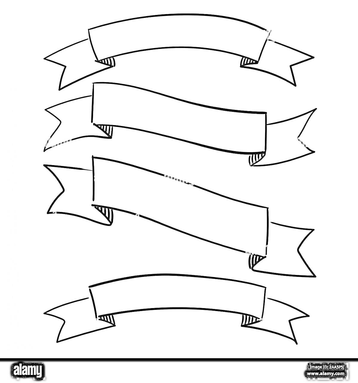 Раскраска Пять декоративных ленточек в виде баннеров, контурное изображение