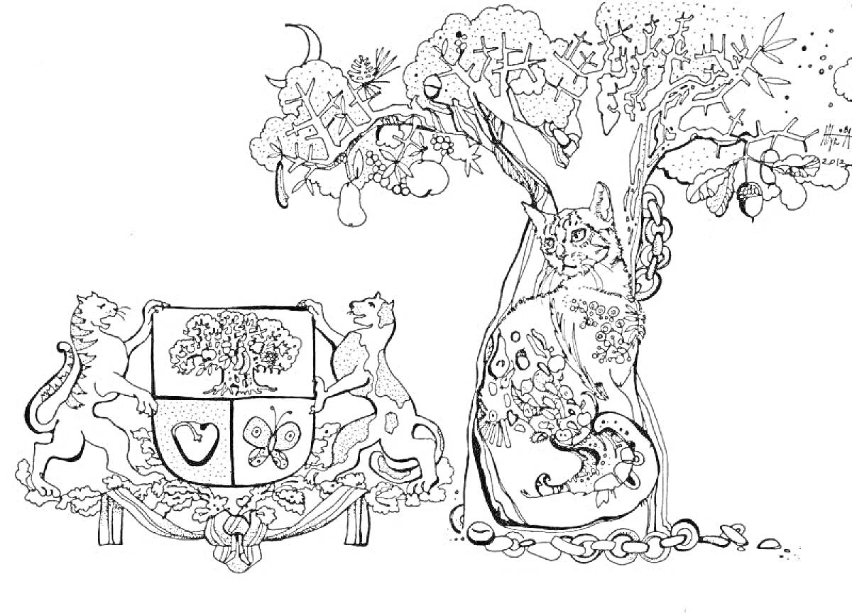 На раскраске изображено: Ученый кот, Дуб, Символы, Цепь, Листья