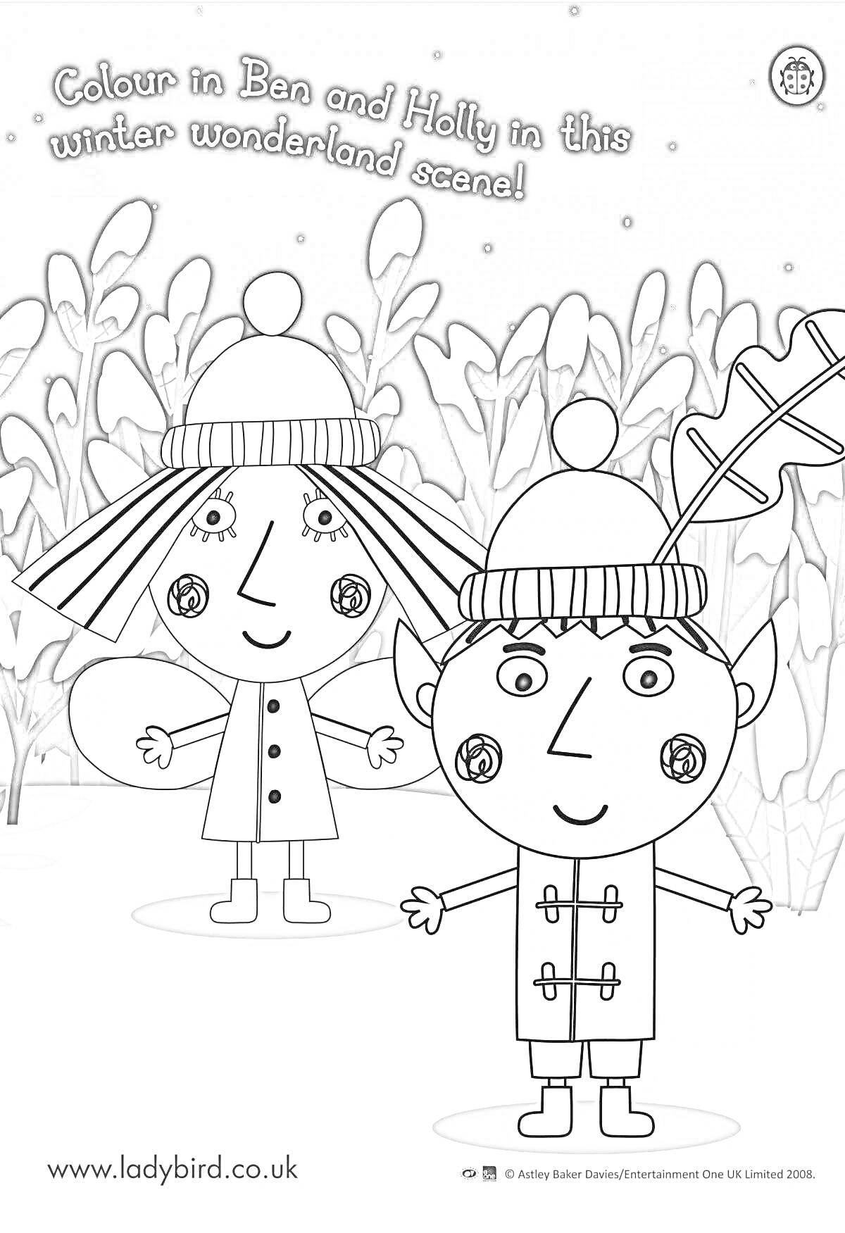На раскраске изображено: Бен, Холли, Зимний лес, Деревья, Снег, Пальто