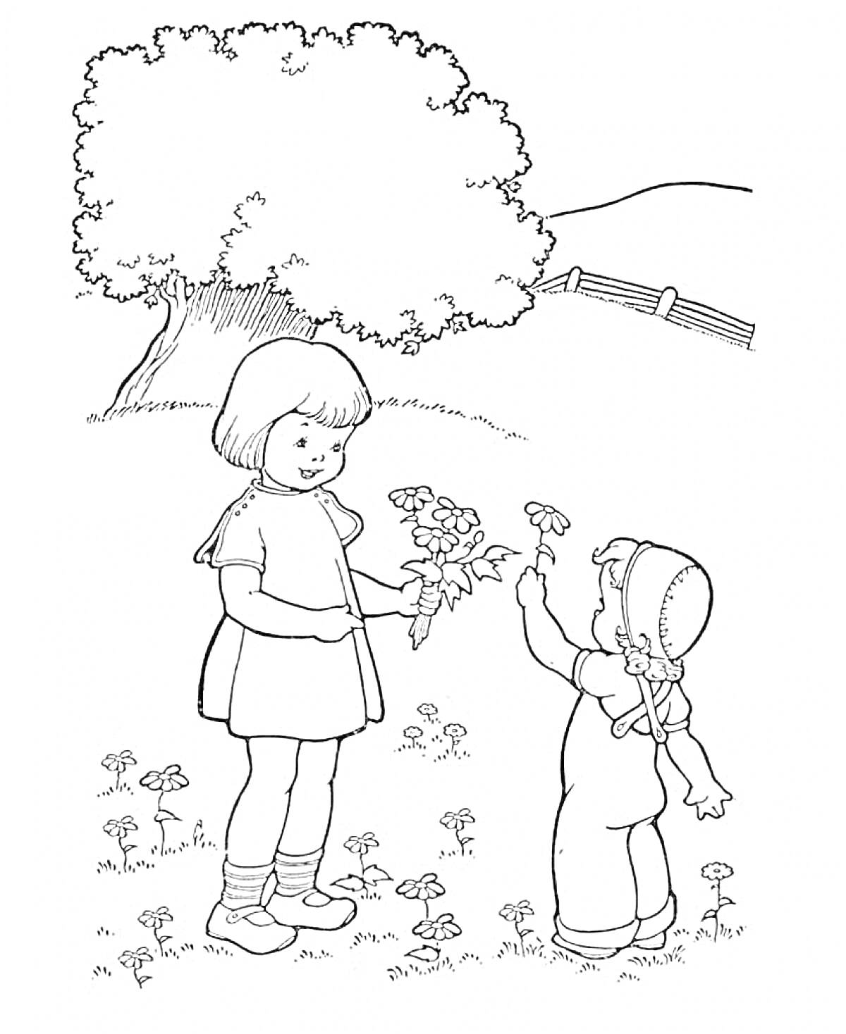 Раскраска Два ребенка на поляне с цветами под деревом в мае