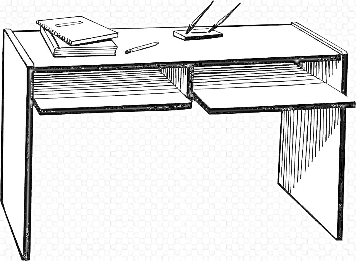 На раскраске изображено: Письменный стол, Ручка, Стол, Мебель, Книга