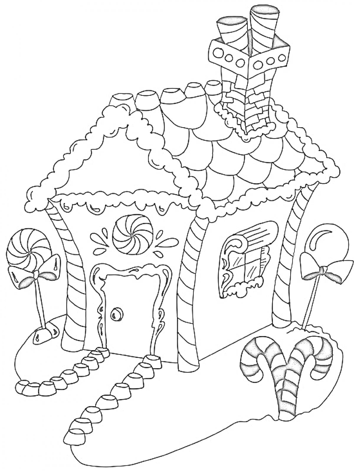 Зимний домик с леденцами, трубами и навесом, украшенный зимними и праздничными элементами.