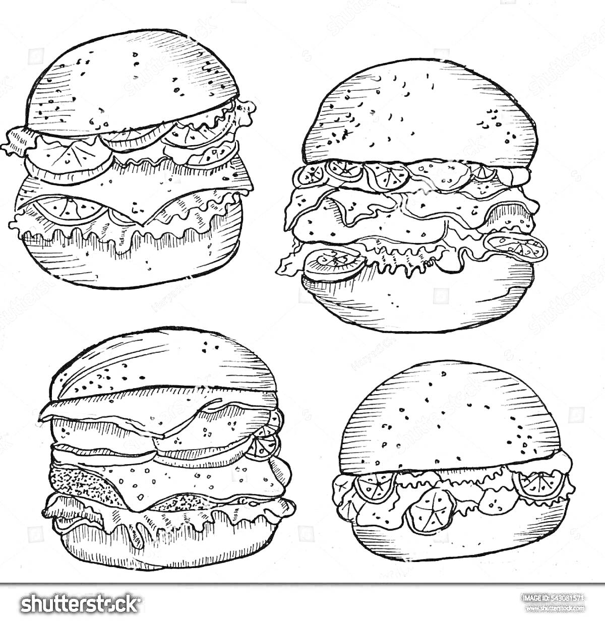 Раскраска Четыре гамбургера с различными ингредиентами, включая помидоры, салат, сыр и соусы