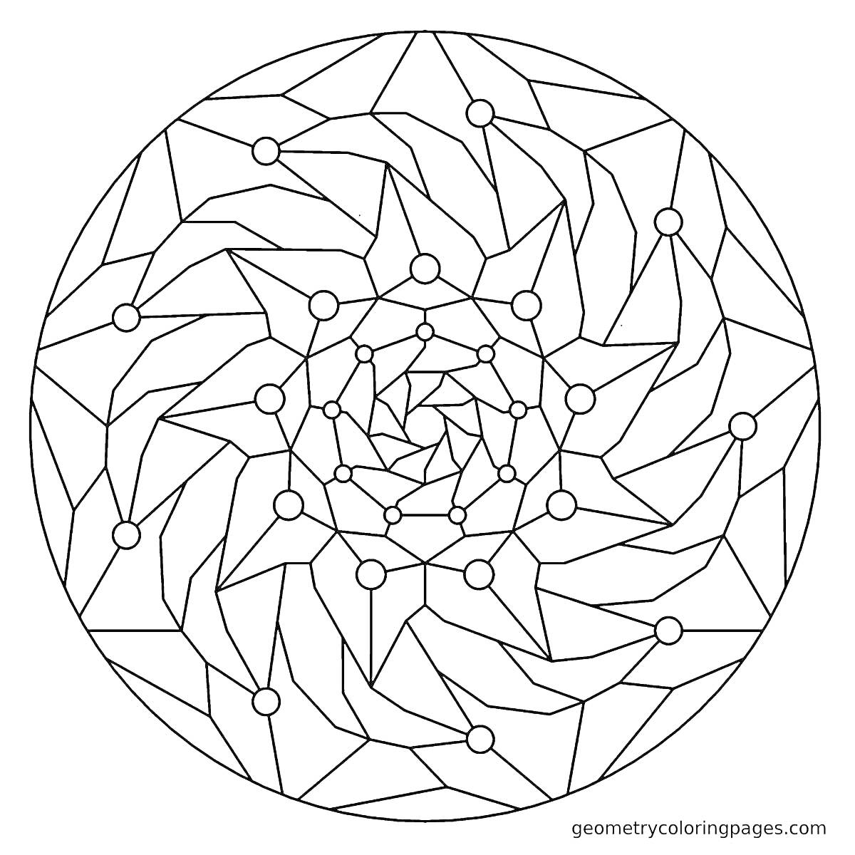 На раскраске изображено: Фрактал, Спираль, Геометрия, Многоугольники, Точки, Мандала, Симметрия
