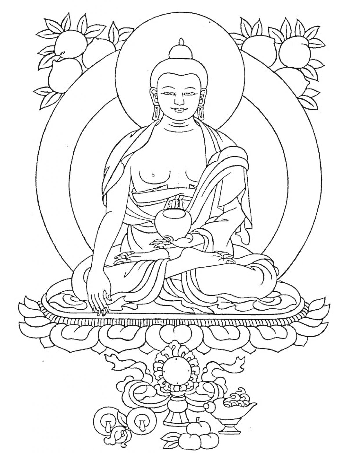 Раскраска Будда медитирующий на лотосе с растениями и чашами