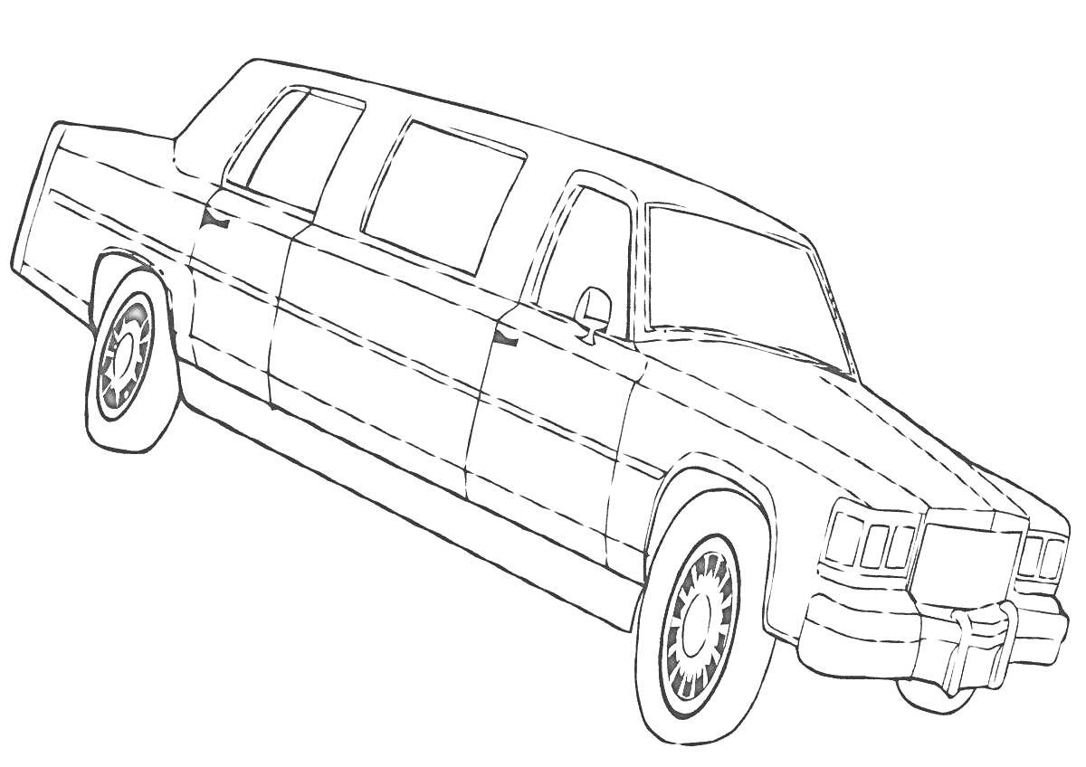 Раскраска Лимузин с четырьмя окнами на боку и большими колесами