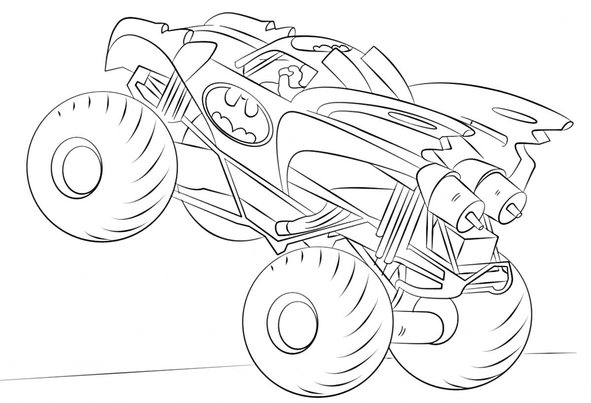 Раскраска Монстер трак в стиле Бэтмобиля с большими колесами и турбинами на задней части