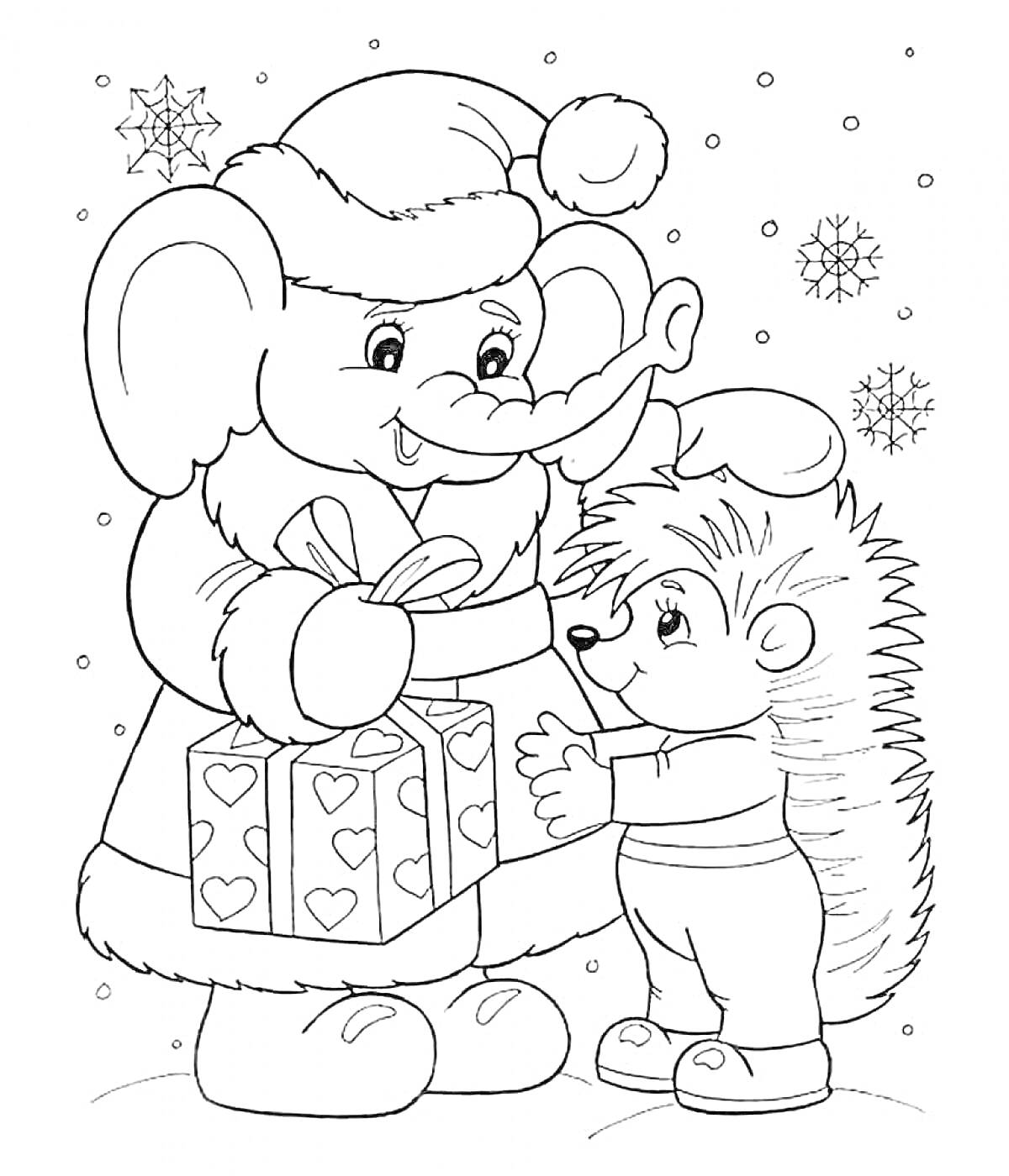 Раскраска Слон в новогодней шапке и пальто с подарком, енот в свитере, снежинки