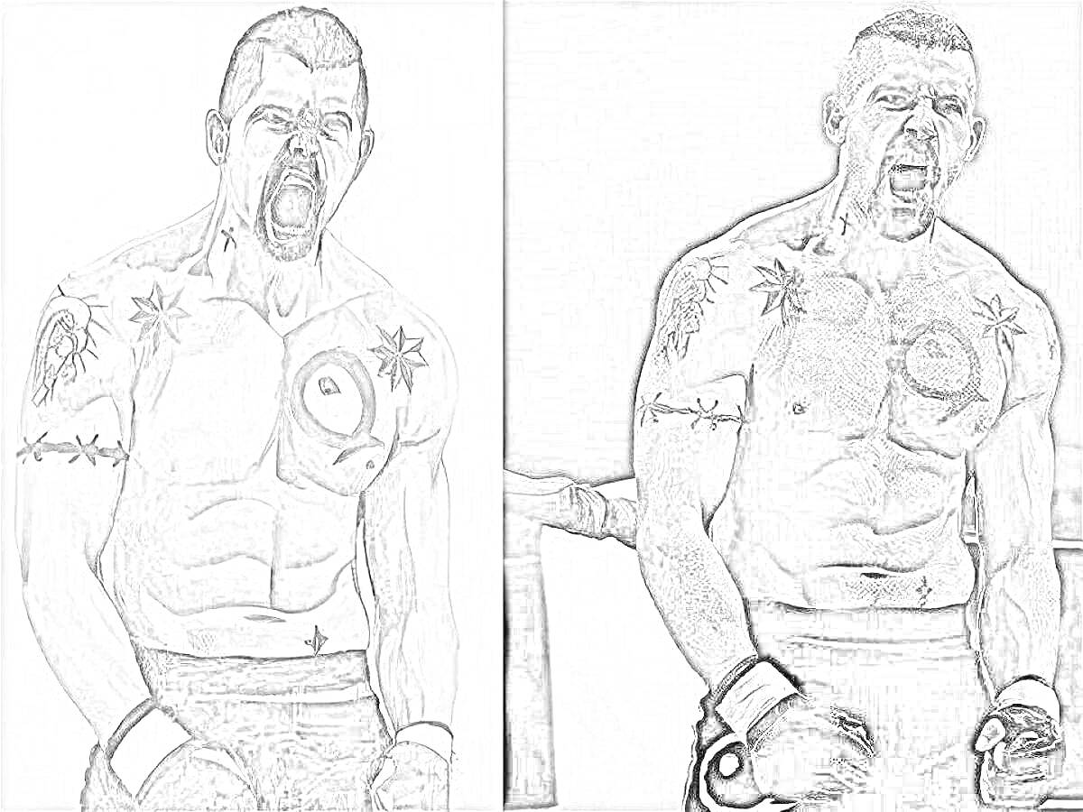 Раскраска Рисунок и фото мускулистого мужчины с татуировками на груди и руках, в бойцовских перчатках, кричащий.