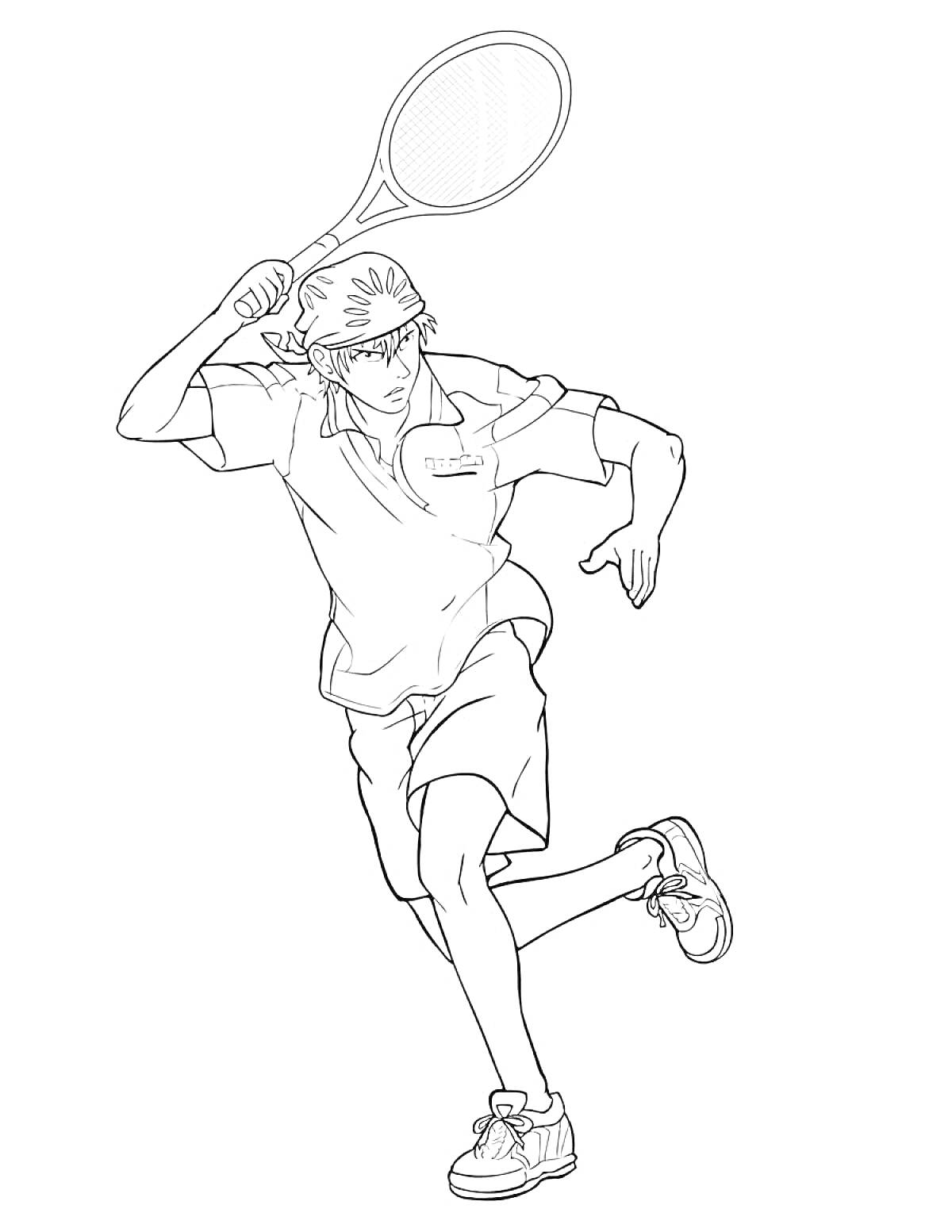 Раскраска Теннисист в бейсболке с ракеткой в замахе для удара по мячу