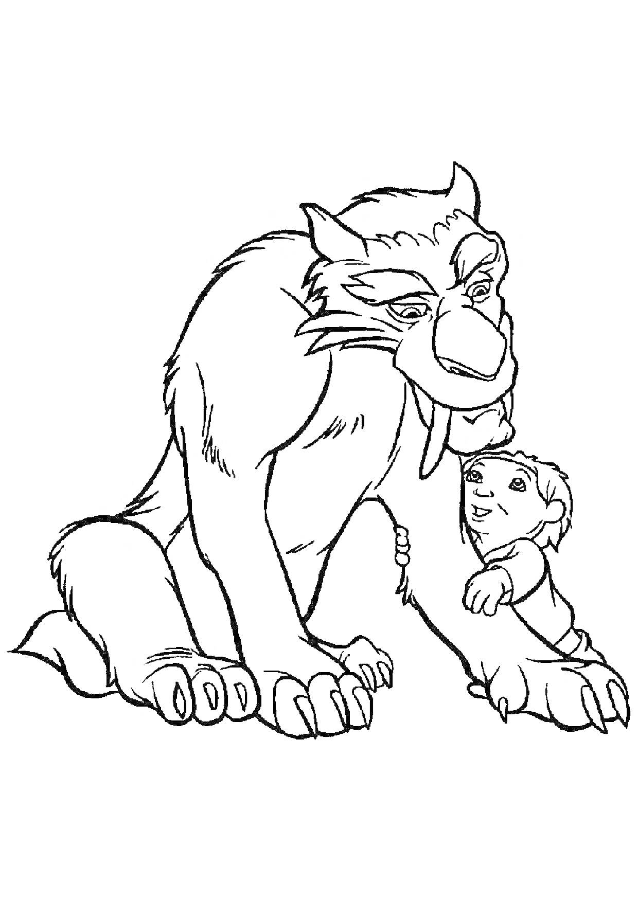 Раскраска Саблезубый тигр и ребенок из Ледникового периода