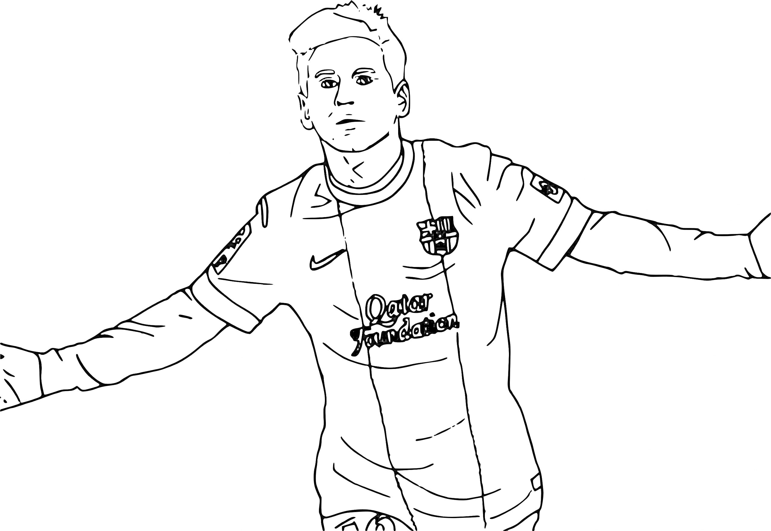 Раскраска Футболист в футболке с эмблемой, раскинувший руки в стороны