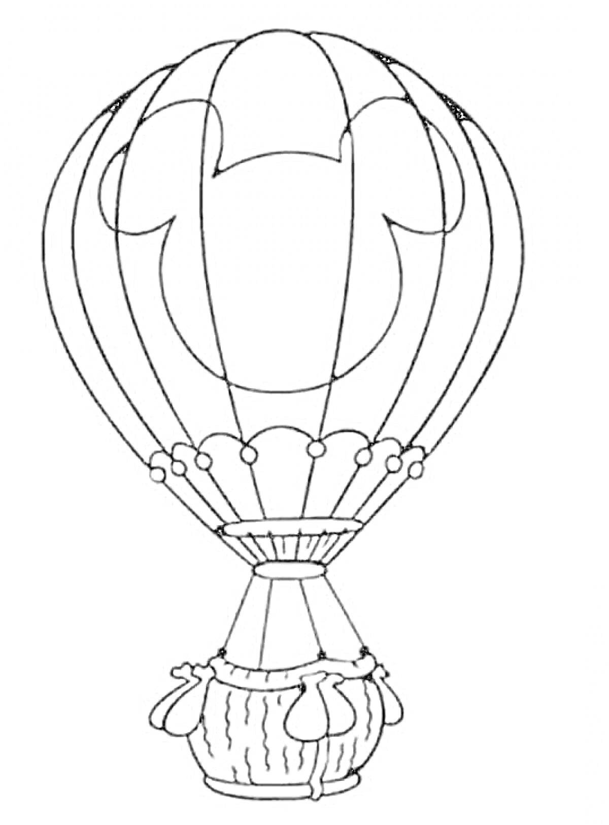 Раскраска Воздушный шар с корзиной и сюжетным рисунком, включающим формой, напоминающей уши