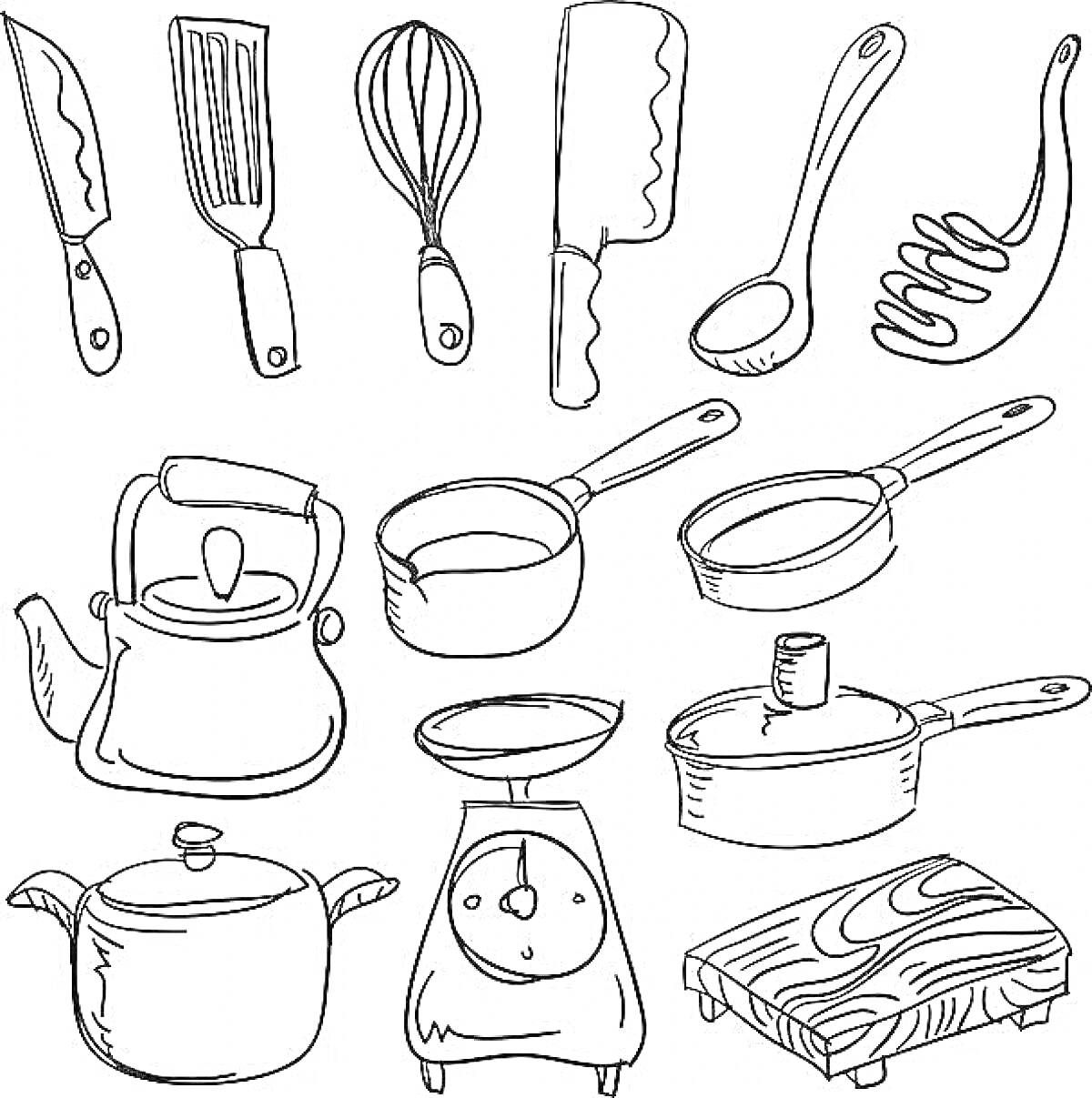 На раскраске изображено: Кухонная посуда, Нож, Венчик, Ложка, Половник, Ковш, Сковорода, Кухня, Приготовление пищи, Кастрюли, Лопата, Чайники