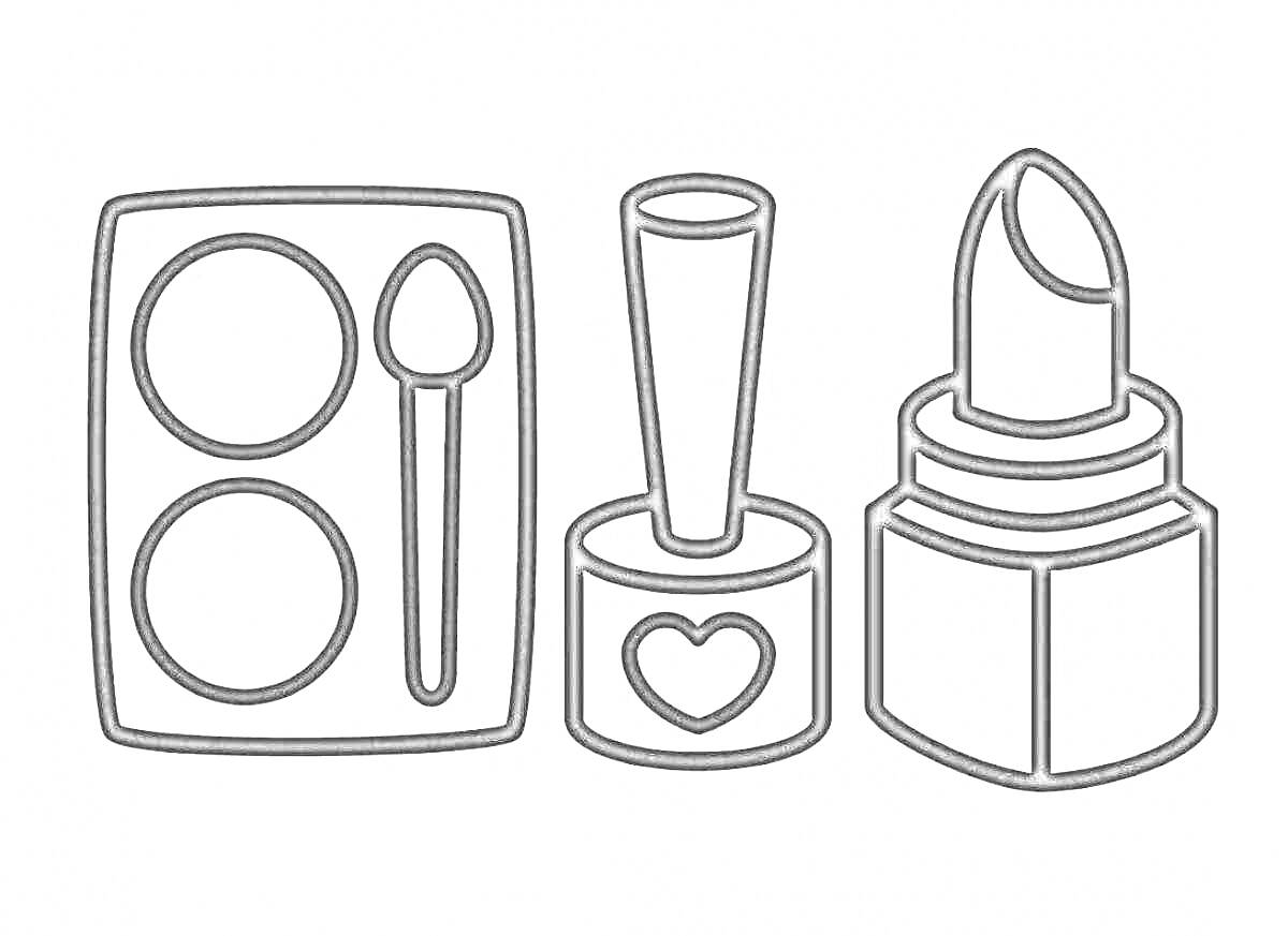 На раскраске изображено: Косметика, Палетка теней, Аппликатор, Лак для ногтей, Помада, Макияж