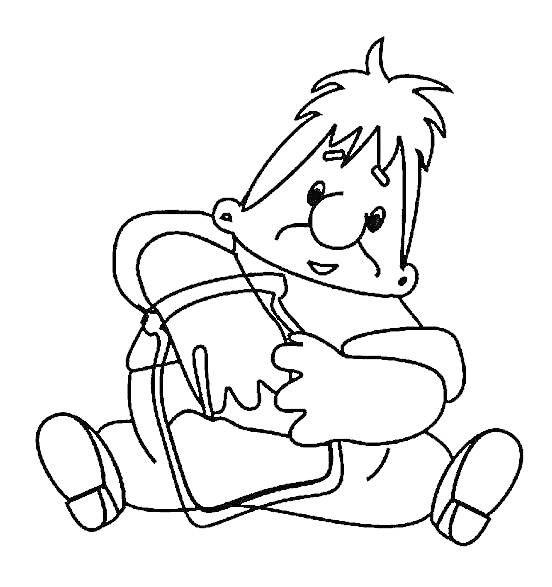 Человек из мультфильма с сумкой, сидящий на полу