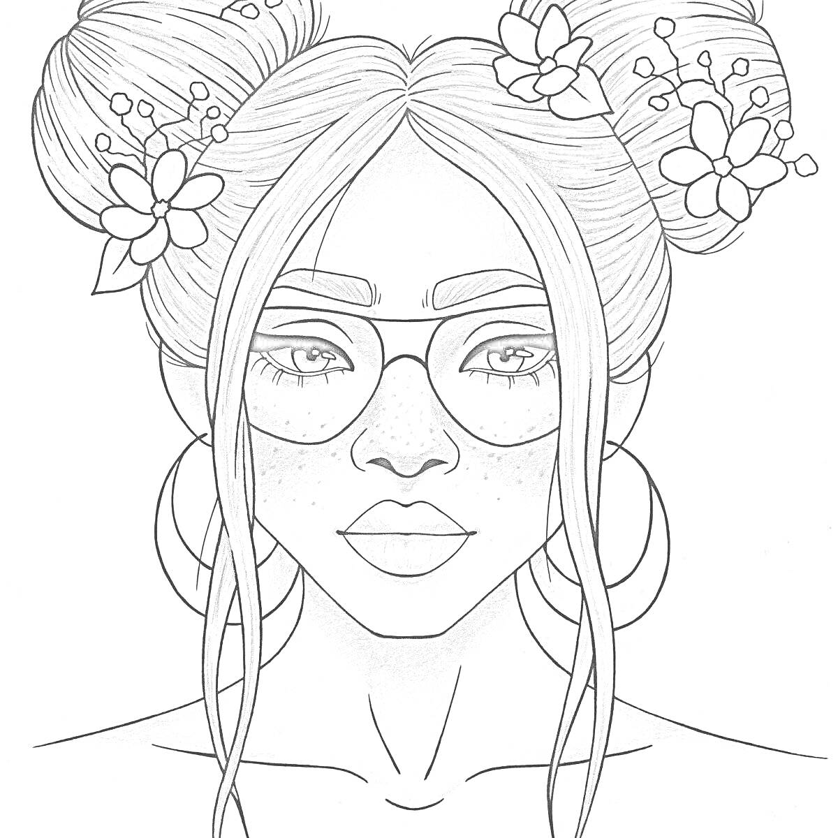 Девушка с двумя пучками, цветами в волосах и большими кольцами в ушах, на лице очки и веснушки