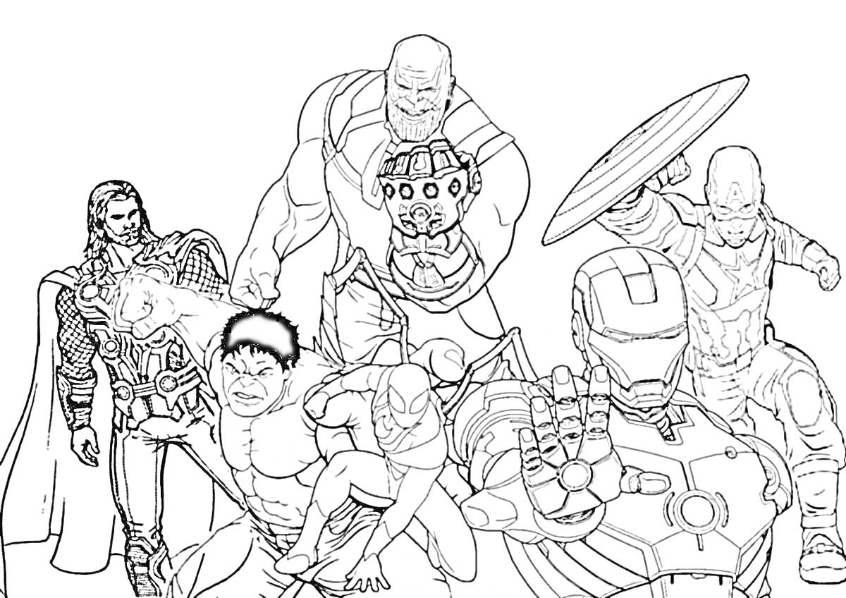 Мстители с Тором, Халком, Человеком-пауком, Железным человеком, Капитаном Америкой и Таносом с Перчаткой Бесконечности