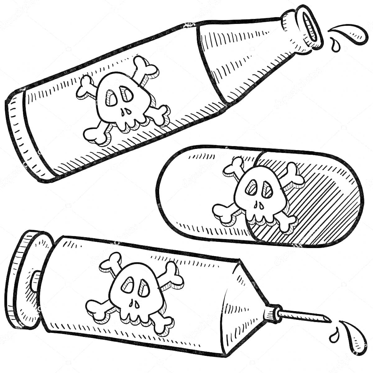 На раскраске изображено: Вредные привычки, Алкоголь, Таблетки, Бутылка, Капсула, Тюбик, Череп, Кости, Яд