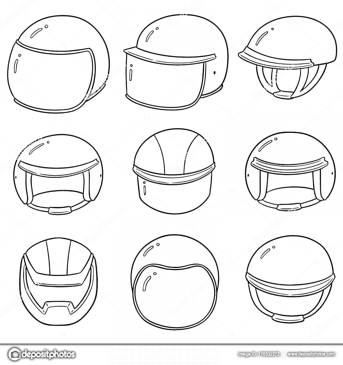 Раскраска Набор из девяти различных мотошлемов (мотоциклетных шлемов), в том числе с визорами и без, с разными формами и деталями.