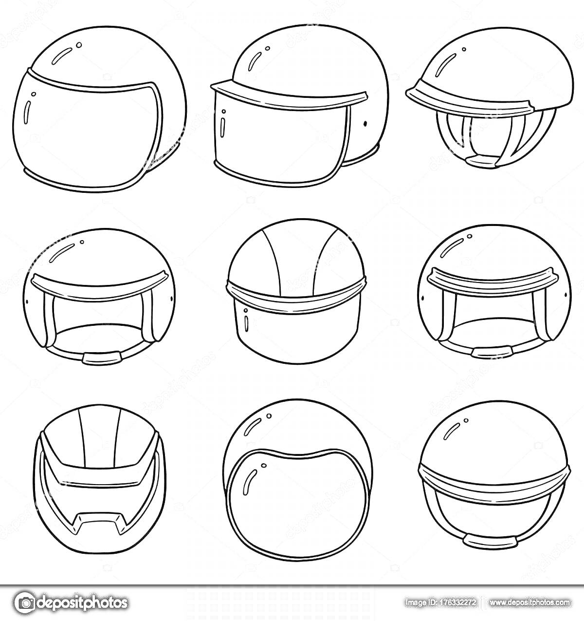 Набор из девяти различных мотошлемов (мотоциклетных шлемов), в том числе с визорами и без, с разными формами и деталями.