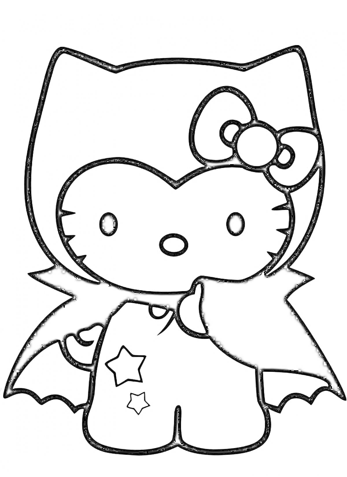 Раскраска Хэллоу Китти в костюме вампира с бантиком и звездами