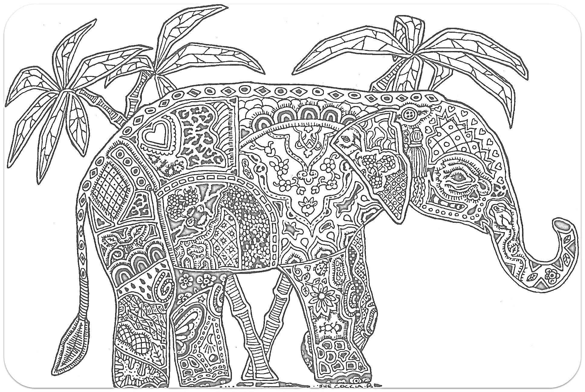 Раскраска Слон с узорами и пальмами