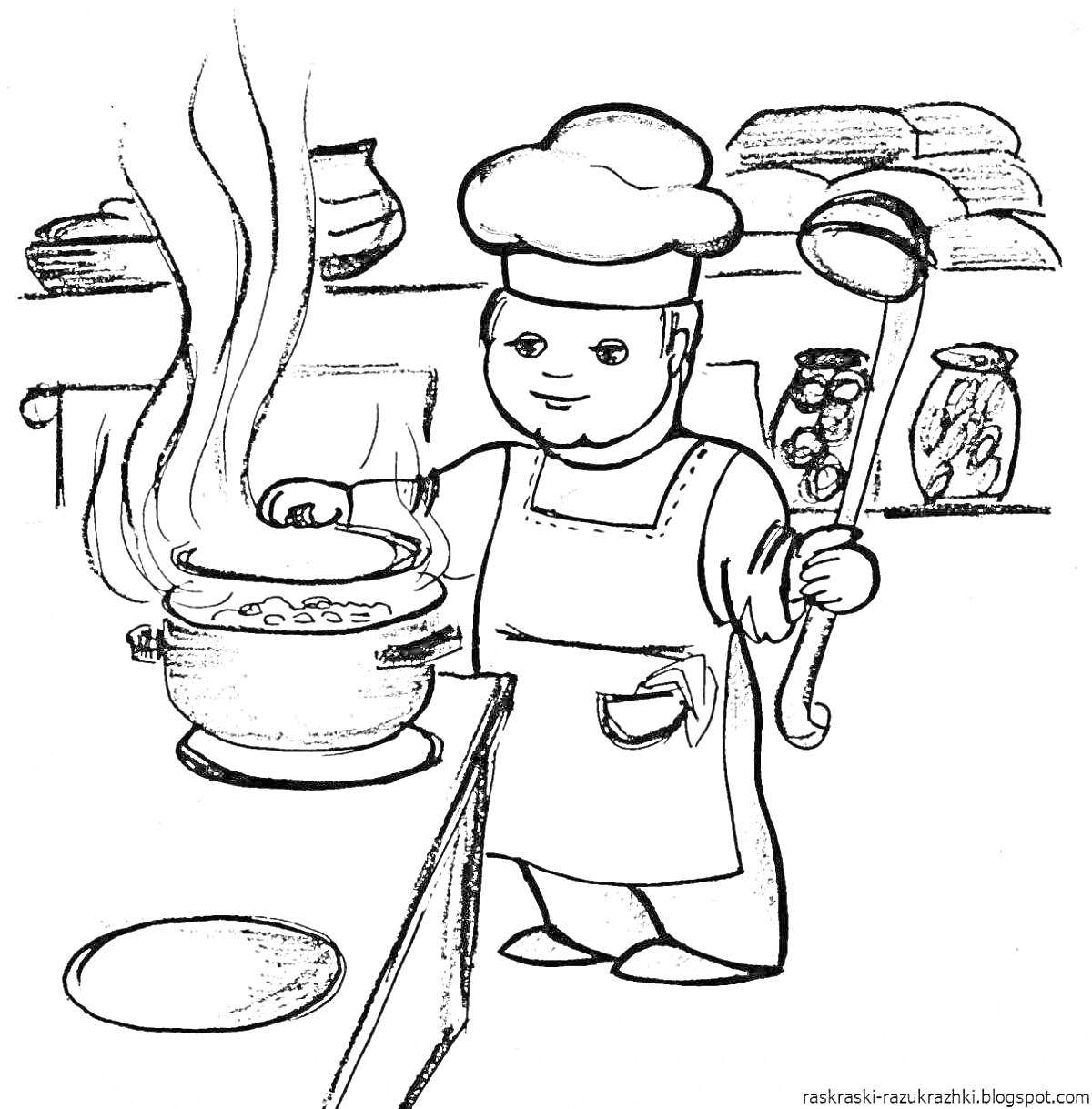 Раскраска Повар готовит еду на кухне, используя кастрюлю и половник, на фоне полки с банками и хлебом
