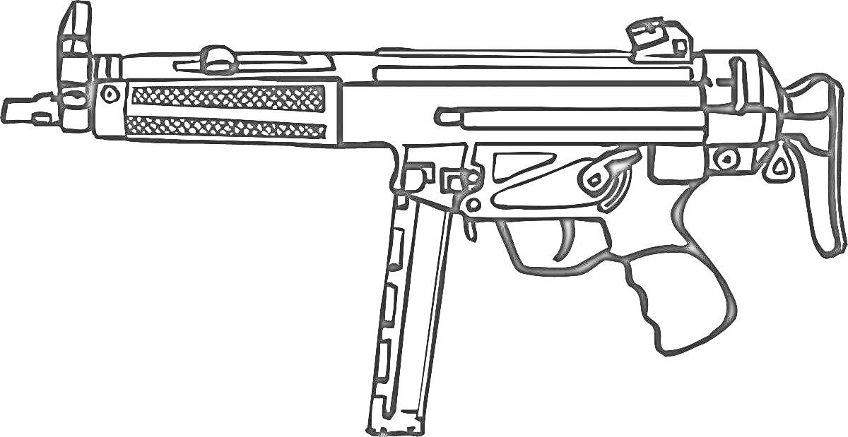 На раскраске изображено: Пистолет-пулемет, Оружие, Приклад, Рукоятка